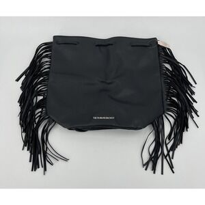 VICTORIA SECRET Faux Leather Black Backpack Fringe Purse Boho Bag